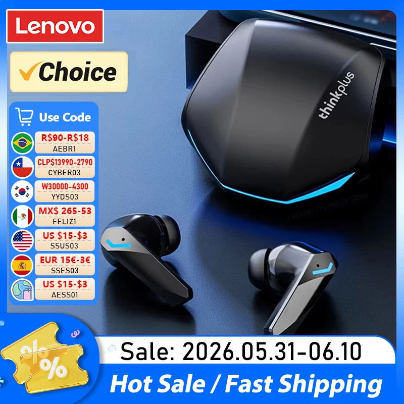 سماعات أذن لاسلكية لينوفو GM2 Pro بتقنية البلوتوث 5.4 مع ميكروفون، سماعات ستيريو 9D برو 6، وضعان للموسيقى والألعاب