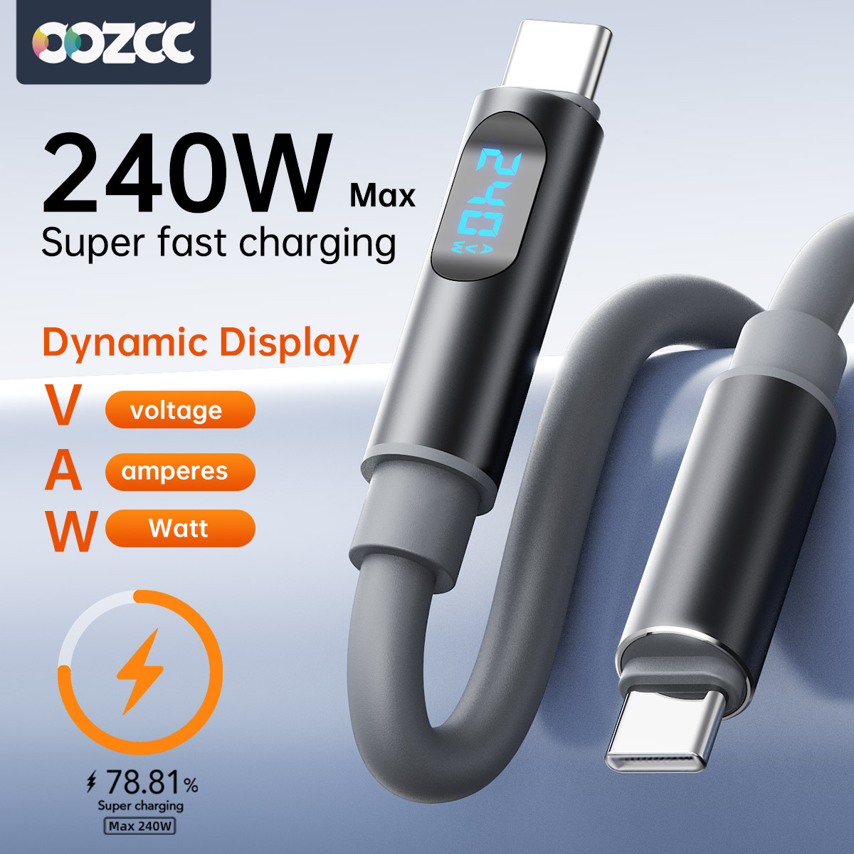 كابل شحن فائق السرعة 240 واط، شاشة LCD ديناميكية، كابل من النوع C إلى النوع C بتقنية PD، لهواتف آيفون وريدمي وبوكو وسامسونج