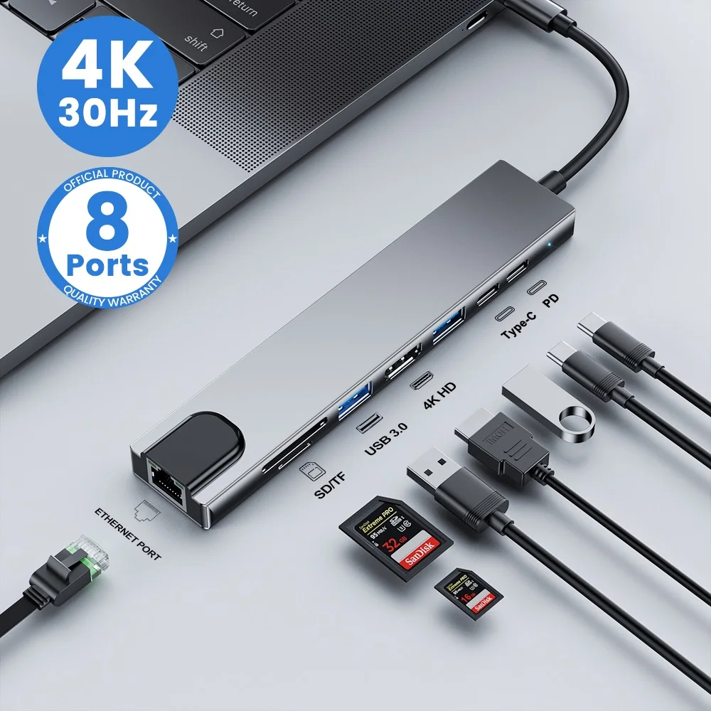 USB C Hub 8In1 7in2 7in1 نوع C 3.1 إلى 4K HDMI محول مع RJ45 SD/TF قارئ بطاقات PD شحن سريع لأجهزة الكمبيوتر المحمول MacBook