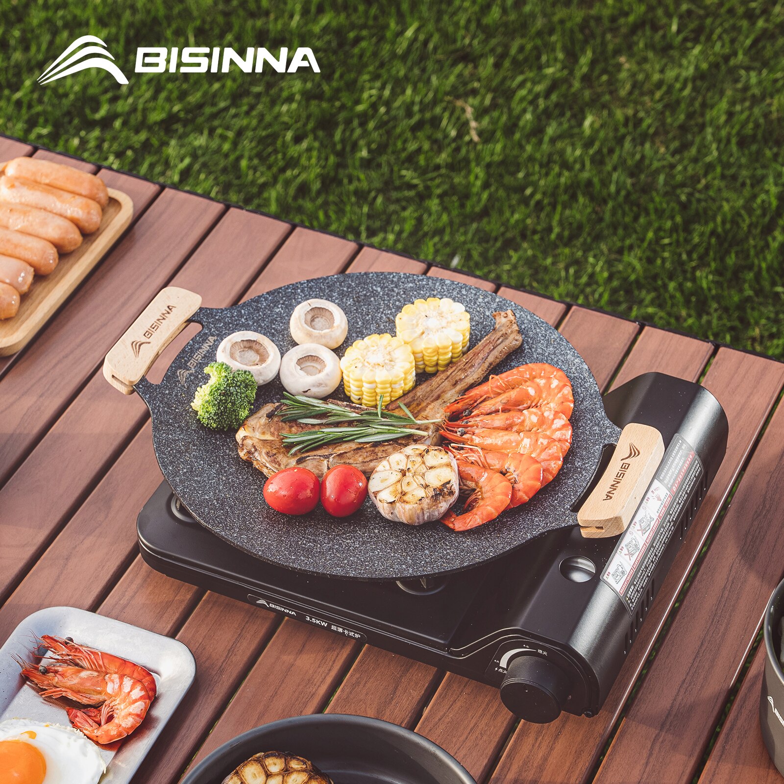 BISINNA 30CM طبق شواء مُحَمَّص خارجي غير لاصق للطبخ على الموقد صينية خبز كوري لوح شواء كوري معدات تخييم
