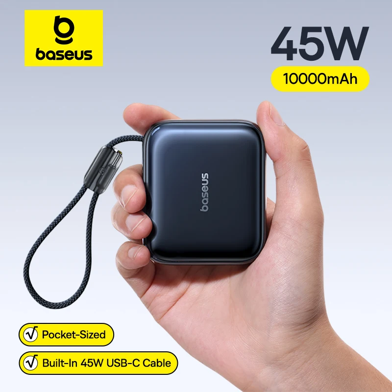 باور بانك بيسوس 45 واط صغير الحجم 10000 مللي أمبير مع كابل USB-C مدمج، محمول وسريع الشحن للآيفون 17 وسامسونج S25