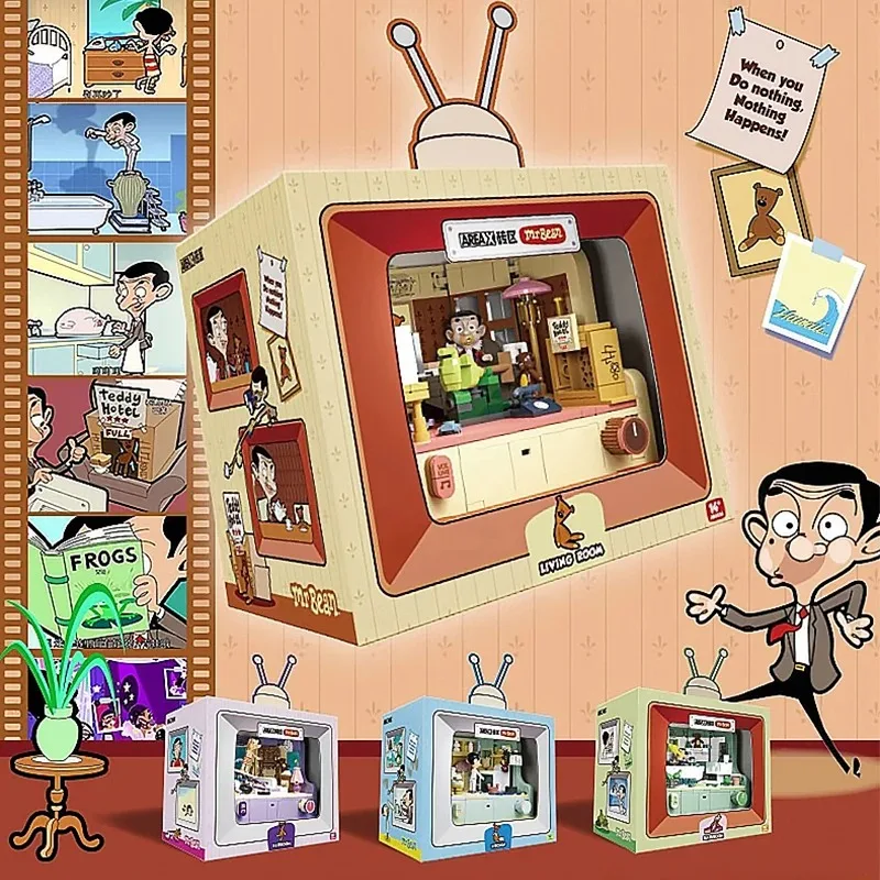 4 في 1 Mr.Bean House اللبنات الإبداعية أنيمي شقة نموذج الطوب سطح المكتب الديكور لغز لعبة للأطفال هدية رائعة