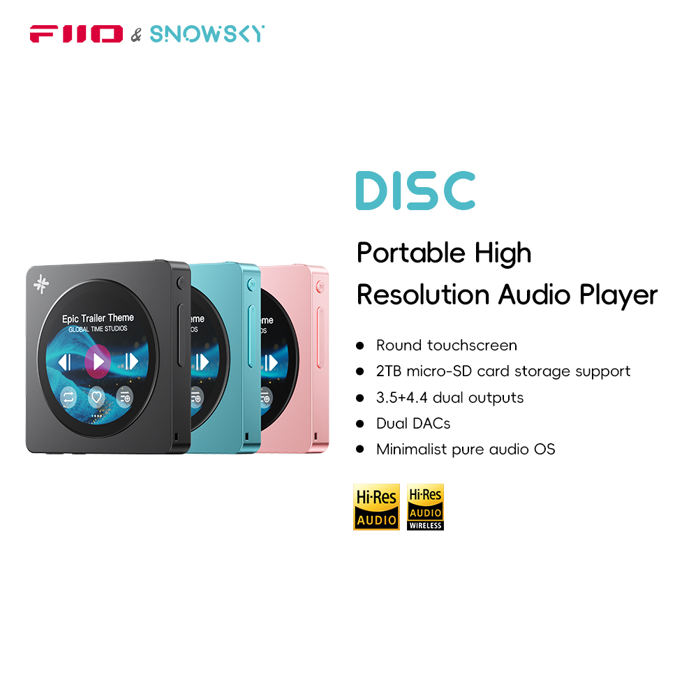 مشغل موسيقى محمول FIIO DISC عالي الدقة، مشغل DAC مزدوج مع مخارج 3.5 ملم و4.4 ملم، بلوتوث 5.4 LDAC، شاشة لمس دائرية