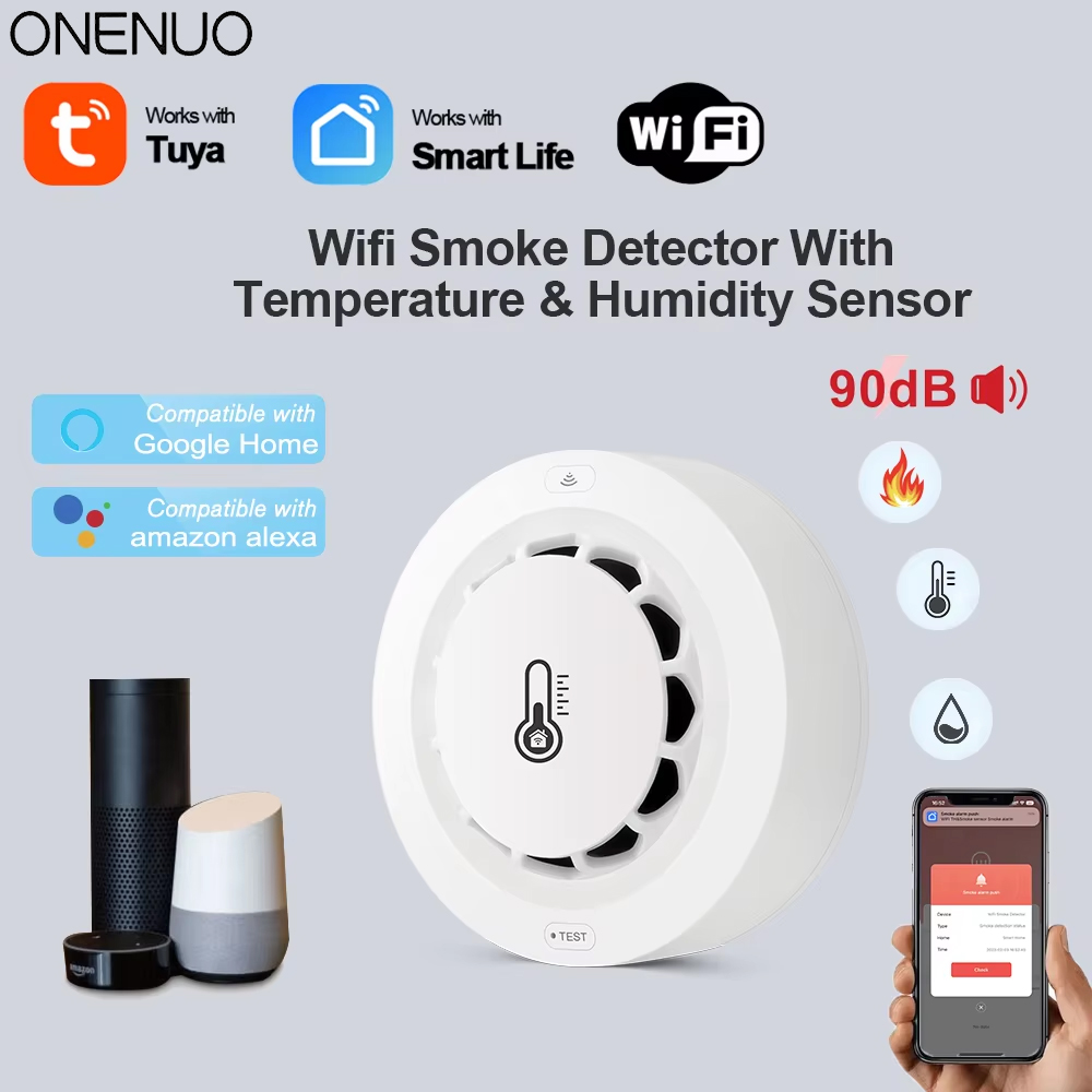 Tuya WiFi إنذار الدخان كشف درجة الحرارة والرطوبة 3 في 1 الحماية من الحرائق كاشف الدخان الاستشعار الحياة الذكية رجال الاطفاء