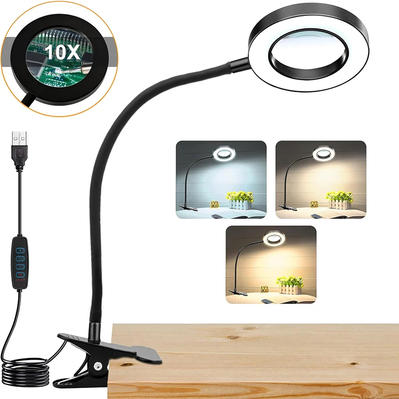 عدسة مكبرة 10 أضعاف مع 3 أوضاع إضاءة LED ومصباح مكتبي مزود بمشبك معدني وذراع مرن للقراءة وفن الأظافر