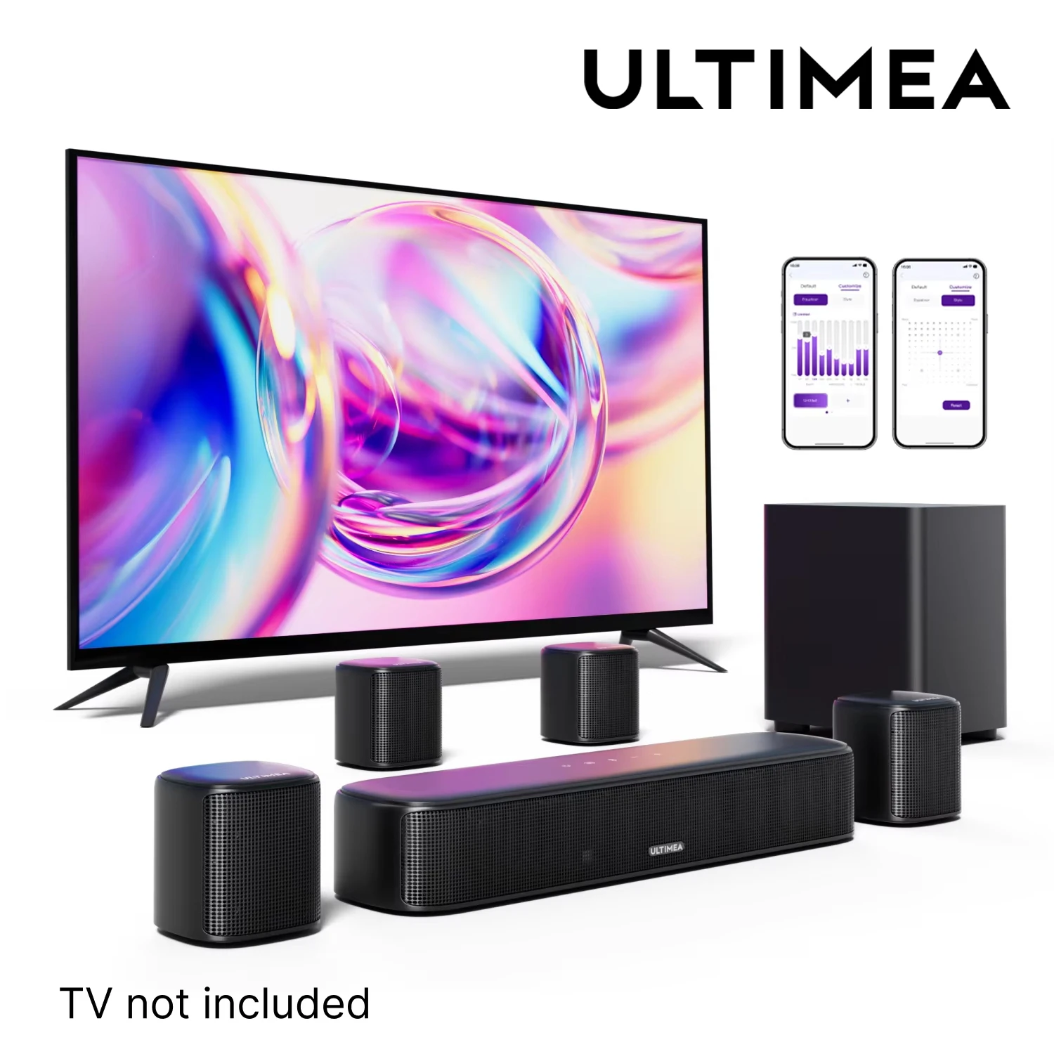 نظام ULTIMEA 7.1 قناة Sound Bar للتلفزيون مع 4 مكبرات صوت محيطية، صوت محيطي افتراضي يتم التحكم فيه في التطبيق، صوت المسرح المنزلي