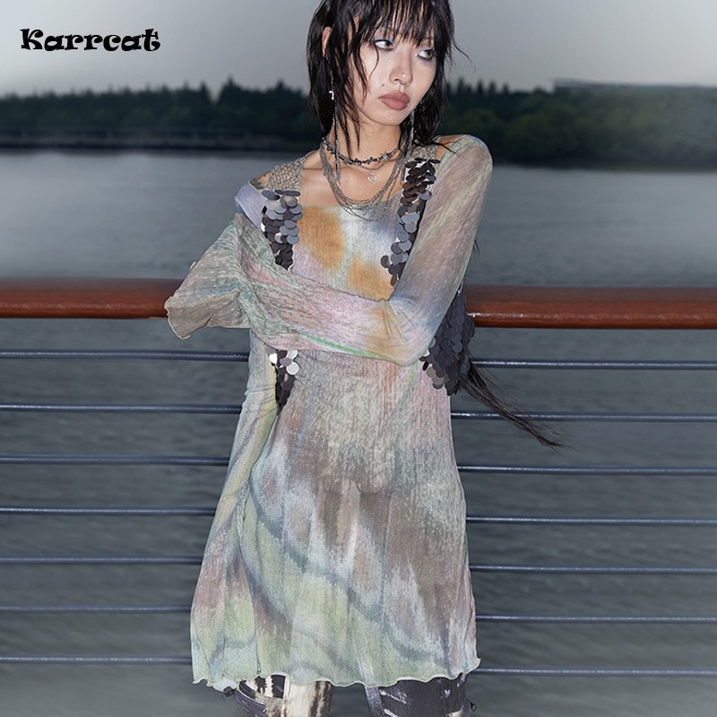 Karrcat Trashy Y2k التعادل صبغ شبكة القمم الجرونج جماليات مضيئة كم شير القمم خمر Harajuku المتضخم تي شيرت انظر من خلال