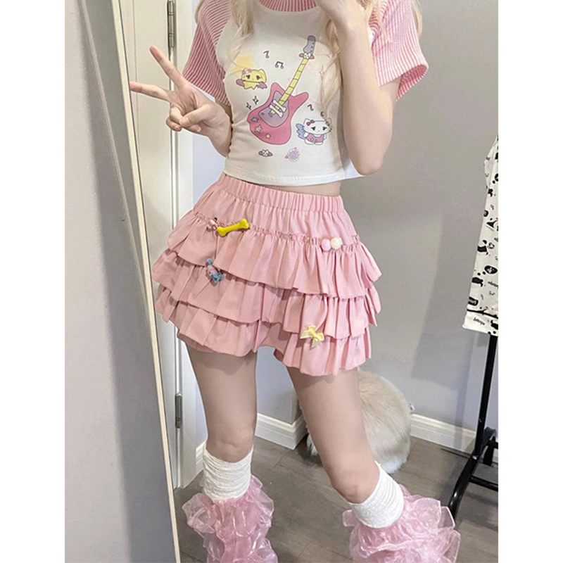 MEXZT Y2K تنورة قصيرة مكشكشة حلوة للسيدات Kawaii لوليتا بفيونكة على شكل حرف A تنانير هاراجوكو يابانية عالية الخصر تنورة على شكل كرة بيضاء وردية