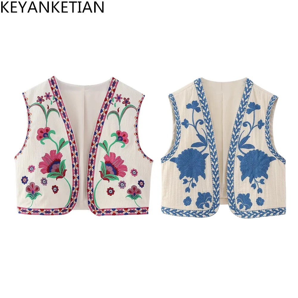 KEYANKETIAN المرأة خمر الأزهار المطرزة المفتوحة صدرية السيدات الوطنية نمط سترة سترة وتتسابق عطلة عادية المحاصيل الأعلى