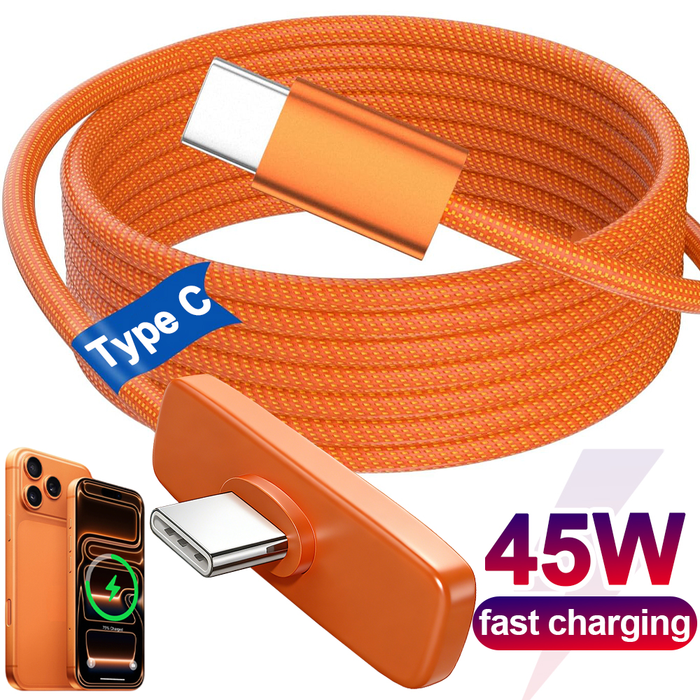 PD45W شحن سريع نوع C كابل بيانات الزاوية اليمنى النايلون مضفر USB C إلى C سلك الحبل آيفون 17 16 15 ProMax سامسونج أندرويد