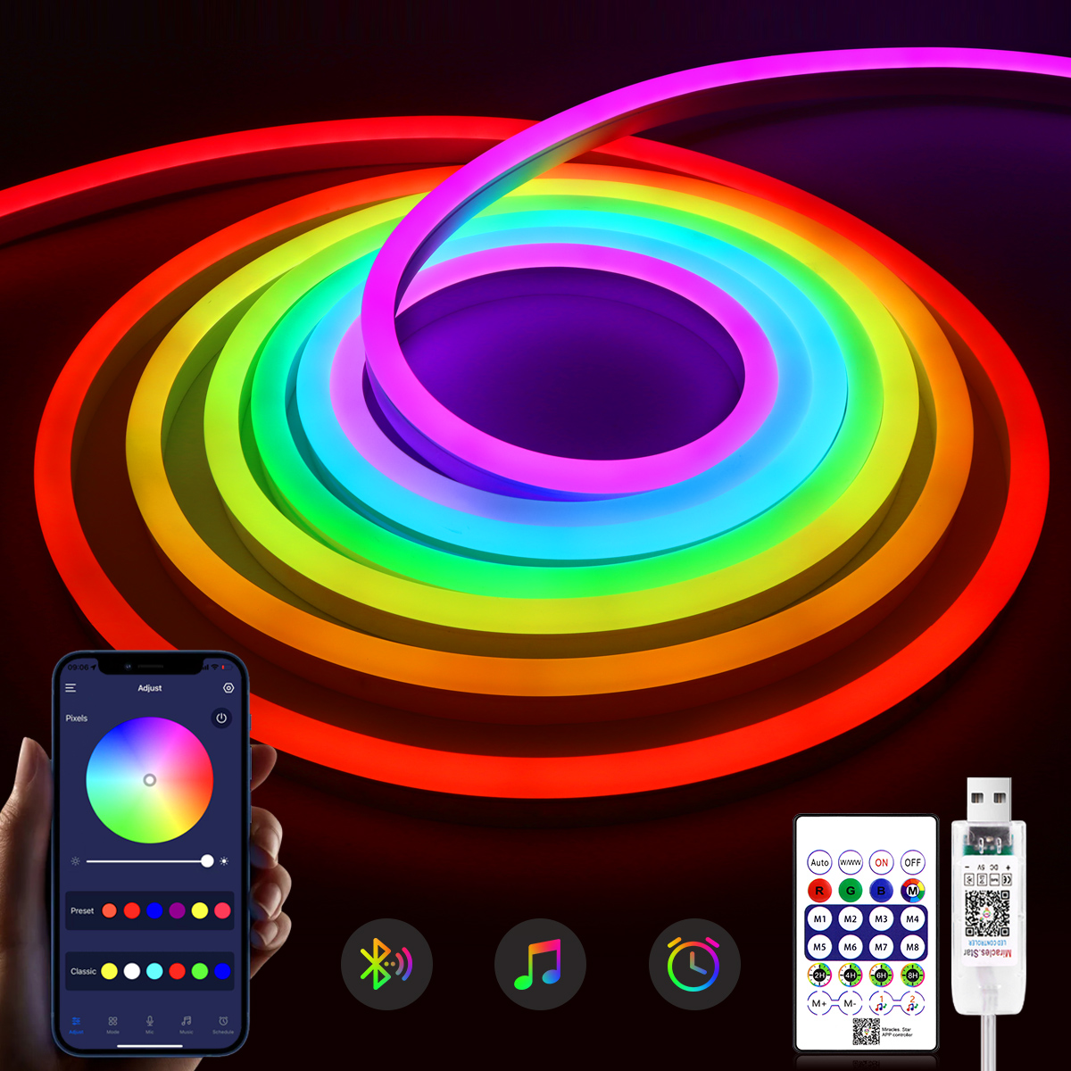 بلوتوث RGBIC WS2812 5 فولت لون الحلم RGB LED أضواء النيون مقاوم للماء أنبوب لينة مرنة عكس الضوء الشريط الشريط مصباح غرفة التلفزيون ديكور