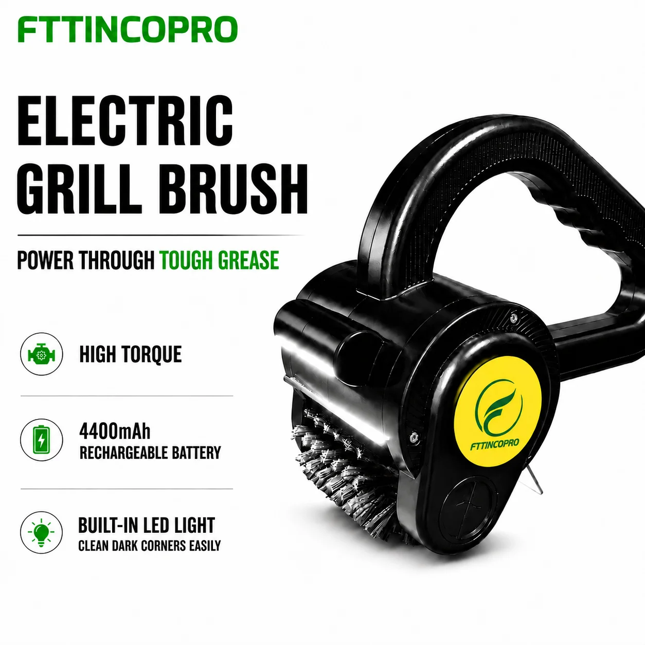 فرشاة شواء كهربائية من FTTINCOPRO مع ضوء LED، تعمل لمدة 150 دقيقة، منظف للشواء للطهي في الهواء الطلق وحفلات الشواء والمدخنين