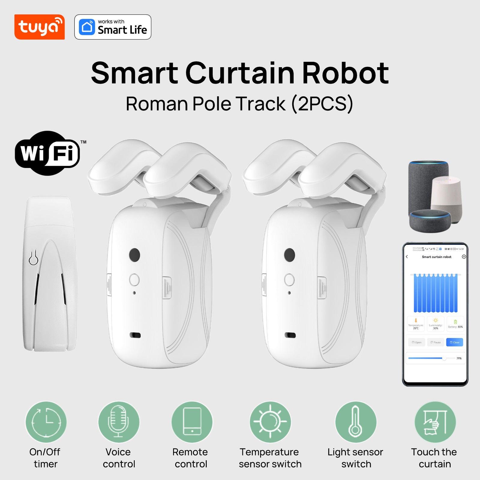 1/2 قطعة Tuya Smart Wifi ستارة روبوت (مع بوابة)، مسار قضيب روماني، التحكم عن بعد في التطبيق، التحكم الصوتي، فتحة واحدة/مزدوجة