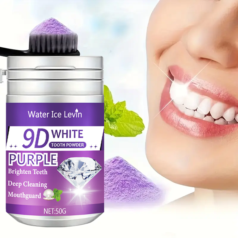 9D White Tooth Powder. صيغة تفتيح البنفسجي. ضع الفرشاة 2-3 دقائق يوميا. يبيض وينظف الأسنان. نفس منعش.