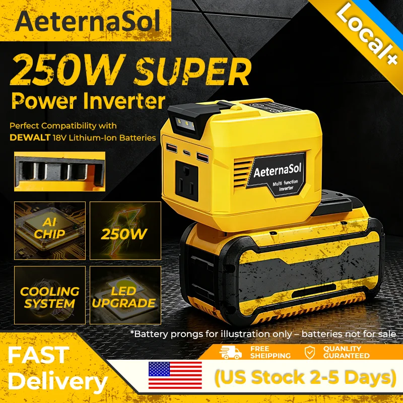 (متوفر في الولايات المتحدة، توصيل خلال 2-5 أيام) محول طاقة AeternaSol بقدرة 250 واط لبطاريات DeWalt 18 فولت و20 فولت ماكس، محطة طاقة محمولة 110 فولت تيار متردد، ذروة طاقة 500 واط، منفذ USB QC3.0، منفذ PD بقدرة 20 واط، منفذ Type-C بقدرة 20 واط، مصباح عمل LED، مناسب للتخييم والصيد الليلي وصيد الأسماك في الهواء الطلق ومواقع العمل والصيد والطوارئ.