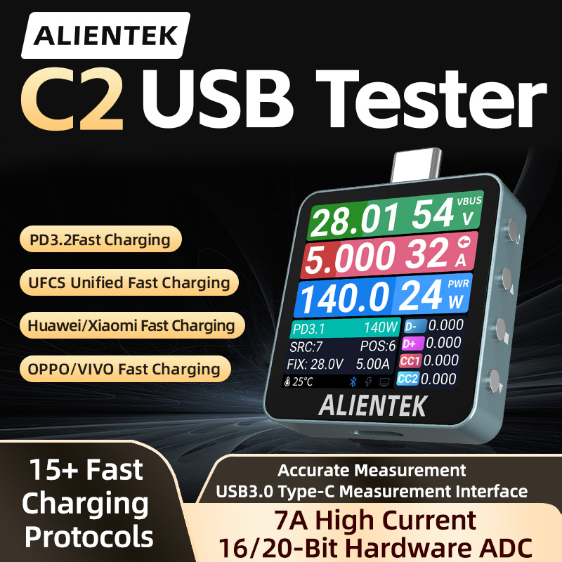 جهاز اختبار USB من ALIENTEK طراز C2، فولتميتر رقمي، كاشف طاقة الشحن، جهاز اختبار البطارية PD3.2، كاشف الشحن السريع