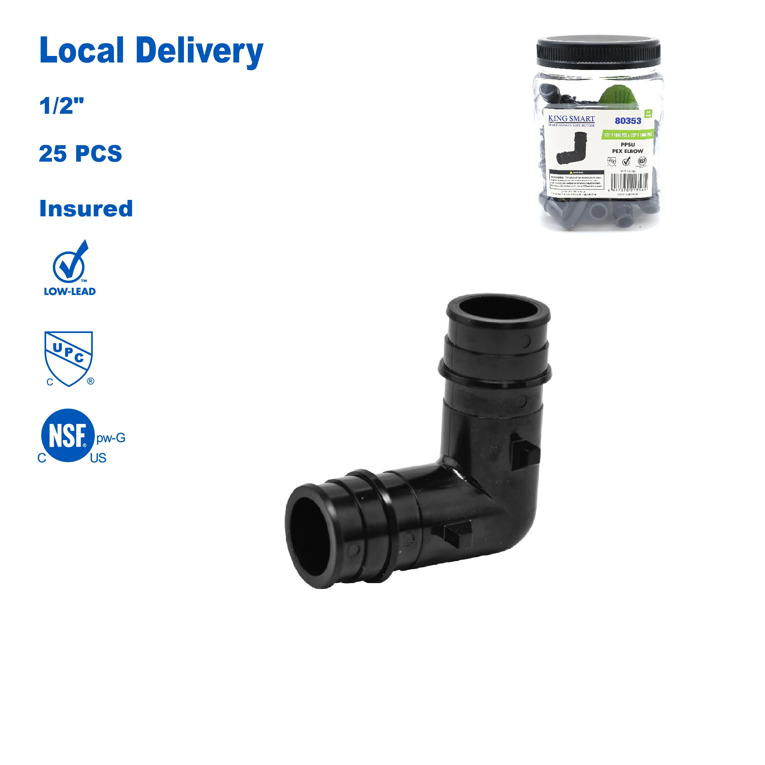 KING SMART F1960/Wisbo/PEX A توسيع PEX 1/2 "* 1/2" PEX الكوع؛ 25 قطعة/الحالة؛ PPSU؛ 80353