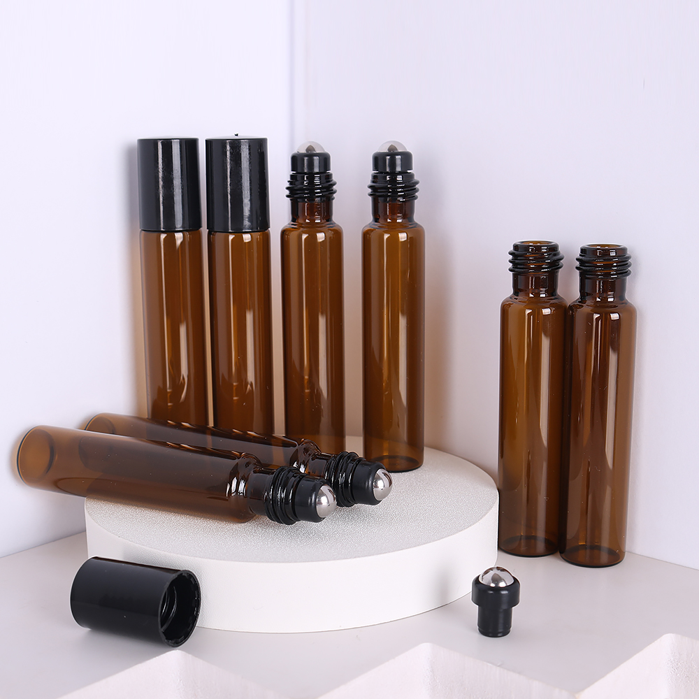 عبوة اقتصادية 8 قطع/عبوة، زجاجات عطر دوارة زجاجية عالية الجودة باللون البني سعة 5-10 مل، زجاجة دوارة بكرة فولاذية للزيوت العطرية قابلة لإعادة التعبئة