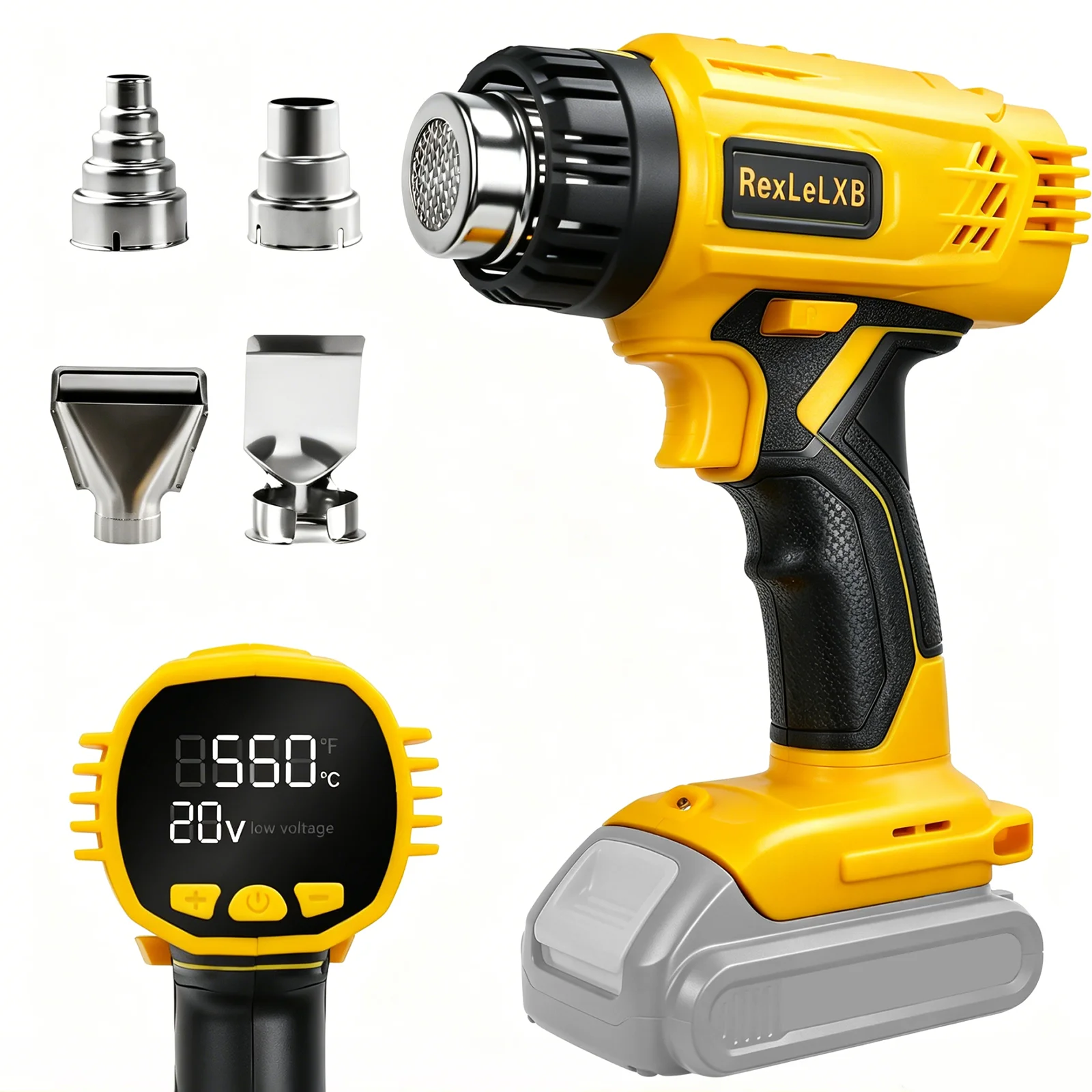 مسدس حراري لاسلكي بقوة 400 واط مع درجة حرارة قابلة للتعديل 50 ℃ -550 ℃   مسدس هواء ساخن سريع التسخين للتغليف بالانكماش الحراري لبطارية ديوالت 20 فولت
