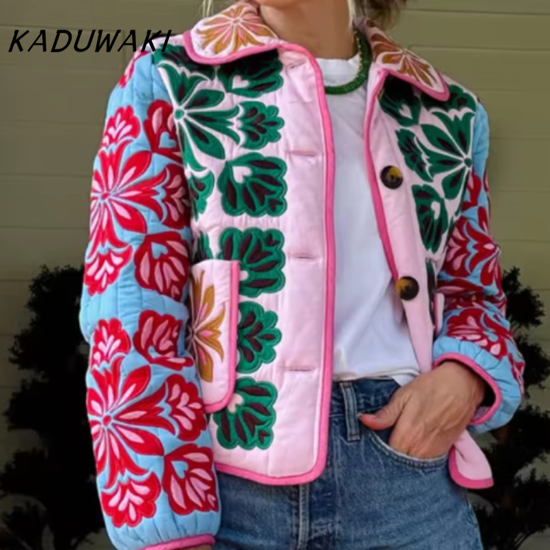KADUWAKI موضة طباعة بألواح مبطن سترة قطن كم طويل جيب سترة معطف الخريف الشتاء اليومية ملابس علوية غير رسمية ملابس خارجية