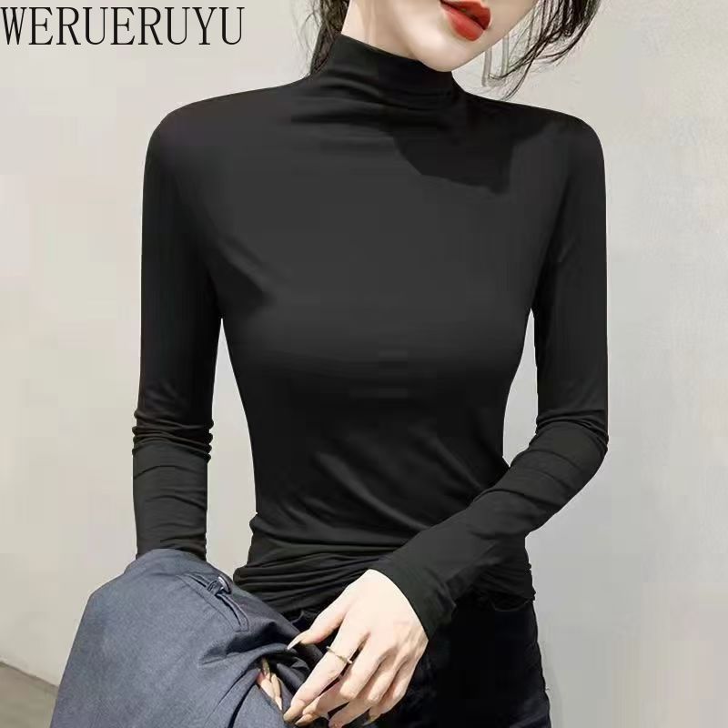 أسود الياقة المدورة تي شيرت كم طويل بلايز النساء Y2k ملابس الخريف الشتاء الكورية موضة مشروط أنيقة تي شيرت للنساء 2024