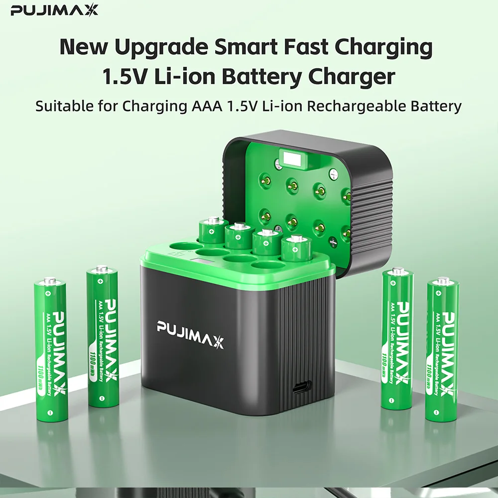 PUJIMAX 1.5V AAA 1100mWh بطارية ليثيوم أيون قابلة للشحن مع شاحن بطارية ذكي مجموعة البطاريات المتاحة بشكل فردي