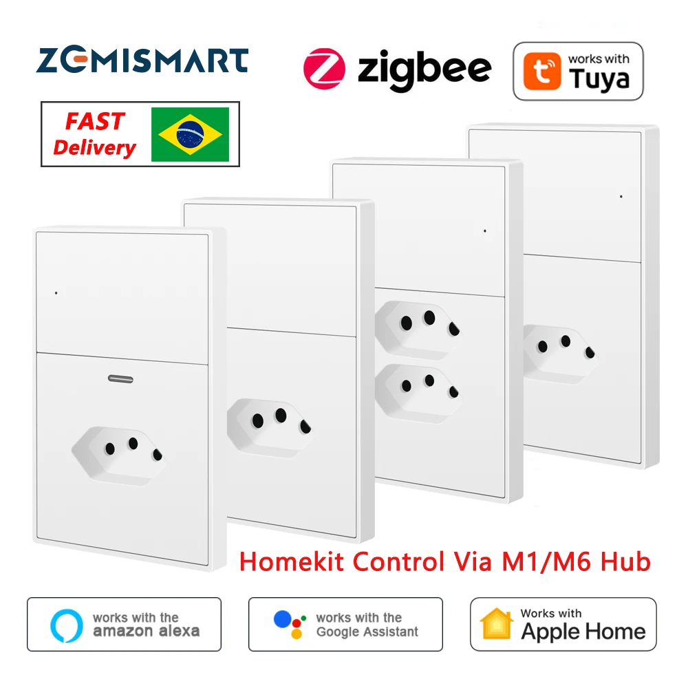Zemismart Zigbee مقبس البرازيل الذكي مع مفتاح الإضاءة 10A 20A منافذ مع منفذ شحن من النوع C يعمل مع تطبيق Tuya Home عبر M1