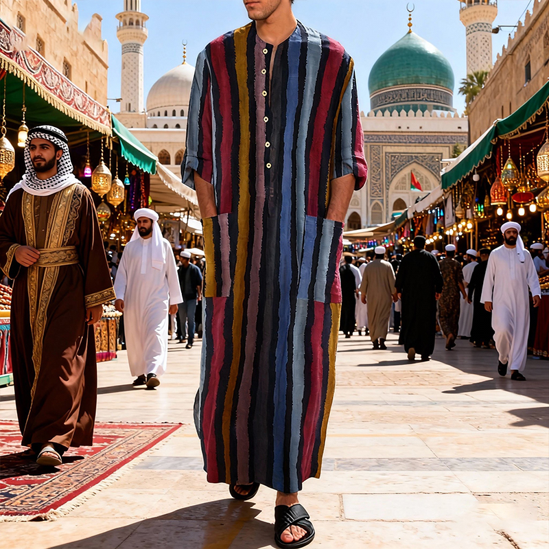 جديد الرجال الإسلام قاميس مسلم مخطط الجلباب كم طويل زر أسفل العربية قفطان دعوى الشرق الأوسط دبي عباية الصيف رجل الملابس