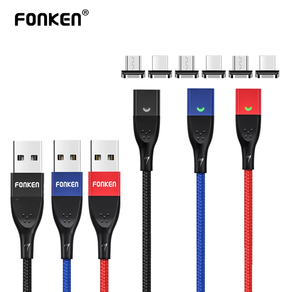 FONKEN كابل شحن مغناطيسي USB نوع C كابل شاحن الهاتف المغناطيسي لـ Realme gt6 كابل مغناطيسي مايكرو USB أندرويد سلك شحن