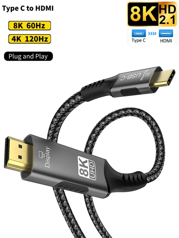 كابل محول USB C إلى HDMI 2.1 بدقة 8K، كابل من النوع C إلى HDMI بدقة 8K60Hz، متوافق مع Thunderbolt 3، مناسب لأجهزة MacBook Pro وiPad Pro واللابتوب.