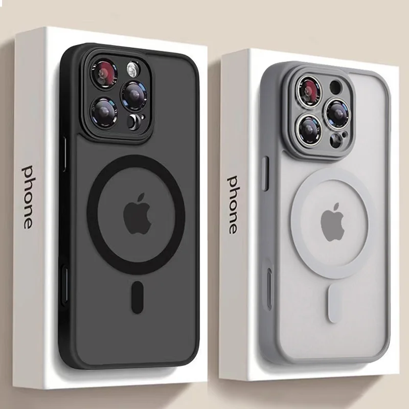 حافظة شحن لاسلكية مغناطيسية فاخرة غير لامعة لهاتف Magsafe لهاتف iPhone 11 12 13 14 15 16 17 Air Pro Max Plus غطاء مقاوم للصدمات