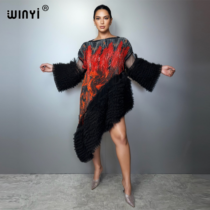 فستان كافتان غير منتظم من WINYI بتصميم دبي مع أكمام منفوخة مرنة ومطوية، مناسب للشاطئ والعطلات والحفلات الفاخرة والسهرات