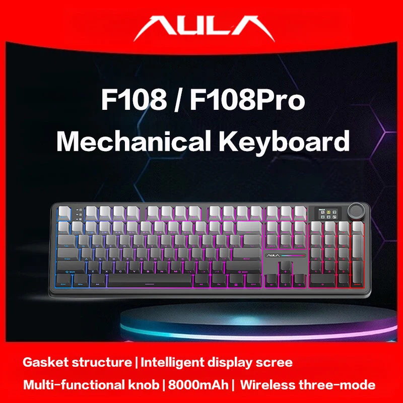 AULA F108Pro/F108 اتصال لاسلكي بثلاثة أوضاع عبر البلوتوث، شاشة متعددة الوظائف، هيكل مانع للتسرب، تأثيرات إضاءة RGB