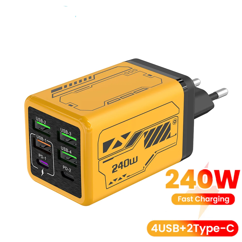 240 واط 6 منافذ 4USB + 2 نوع C شحن سريع للغاية شاحن الهاتف المحمول USB3.0 PD3.0 الاتحاد الأوروبي/المملكة المتحدة/الولايات المتحدة شاحن آيفون 17 16 سامسونج POCO