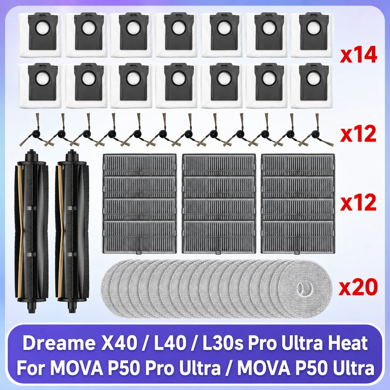 تناسب (MOVA P50 PRO ULTRA/ MOVA P50 Ultra, Dreame X40 Ultra/L40 Ultra/L30s Pro Ultra Heat, MOVA P10 PRO ULTRA) قطع غيار مكنسة كهربائية الأسطوانة الرئيسية ثلاثية الفرشاة الجانبية الفلتر قطعة قماش للتنظيف كيس غبار ملحقات