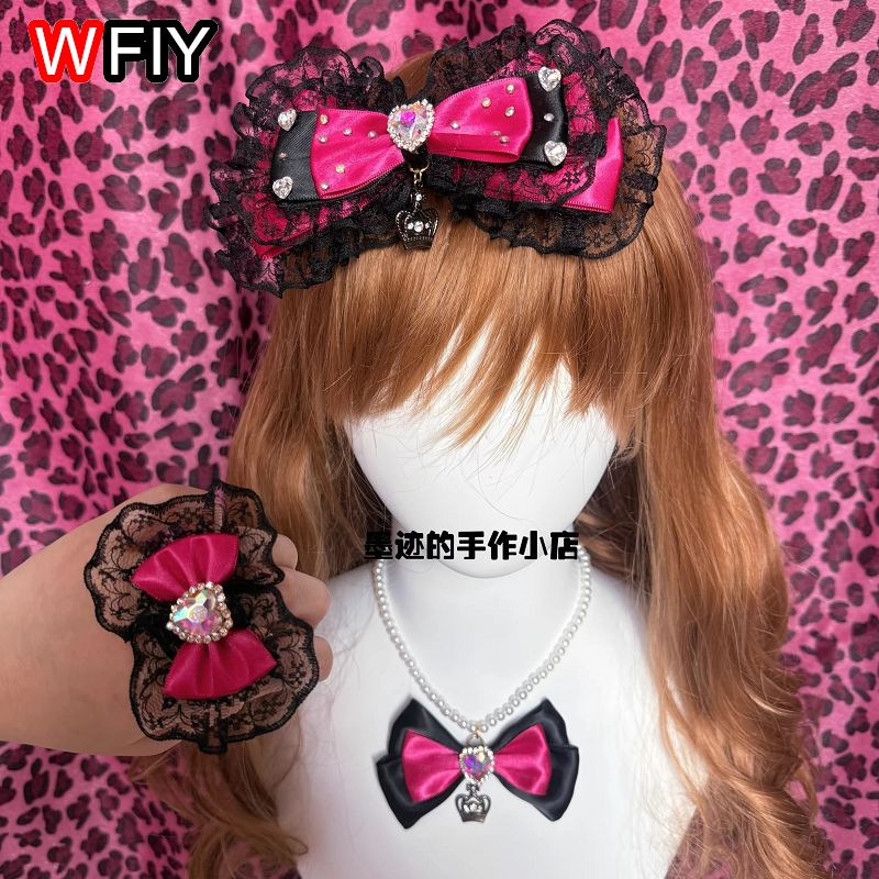 Y2k Spice Girls Harajuku Gothic Lolita مشبك شعر مصنوع يدويًا على شكل فيونكة من الدانتيل، مشبك شعر وردي اللون