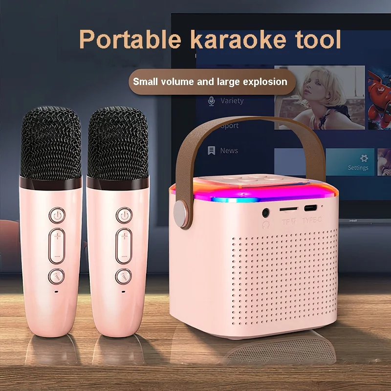 ميكروفون آلة كاريوكي سماعة بلوتوث متوافقة مع 2 ميكروفون لاسلكي إضاءة RGB منزلي عائلة سماعة غناء