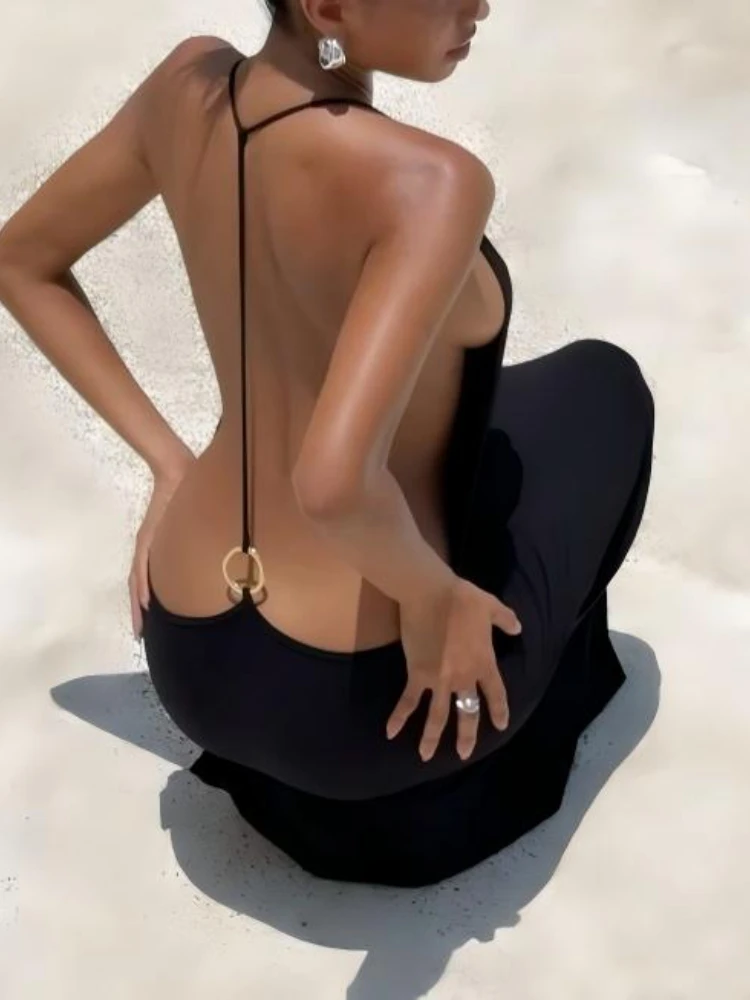 فستان نسائي شفاف بدون ظهر بتصميم هالتر عصري وجذاب، توب صيفي كاجوال بدون أكمام، ملابس يومية أنيقة