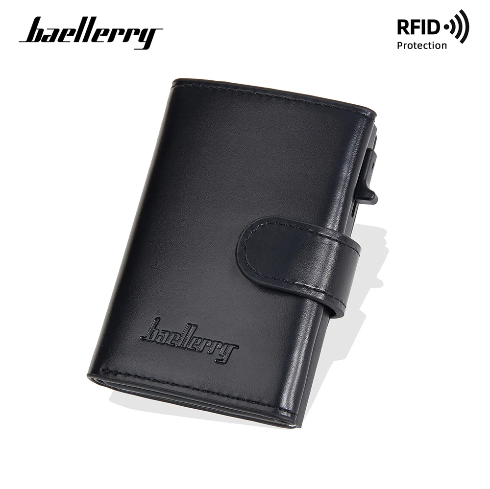 حامل بطاقات ألومنيوم من Baellerry للرجال مع زر منزلق تلقائي منبثق، محفظة معدنية لحجب RFID مضادة للخدش