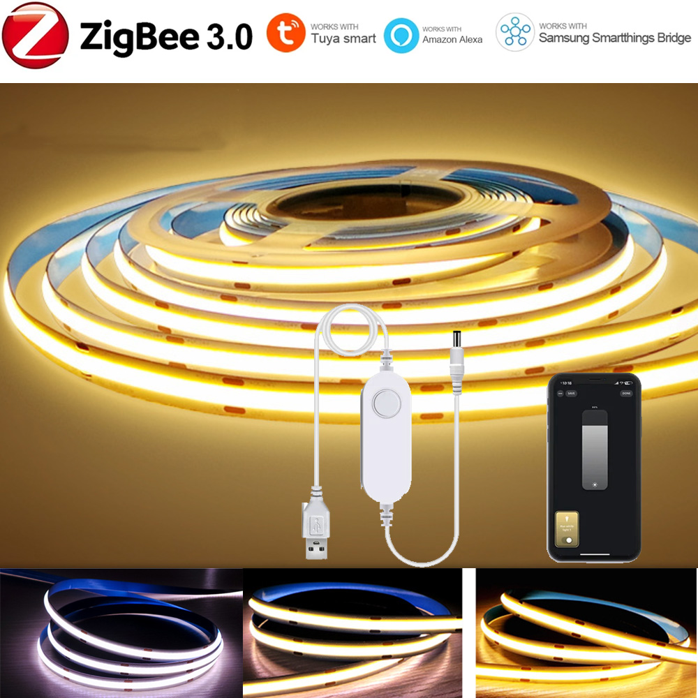 5 فولت USB تويا زيجبي 3.0 COB LED قطاع ضوء 1 متر-5 متر دافئ أبيض مرن عكس الضوء أضواء 320 المصابيح/م ديكور المنزل ل أليكسا جوجل