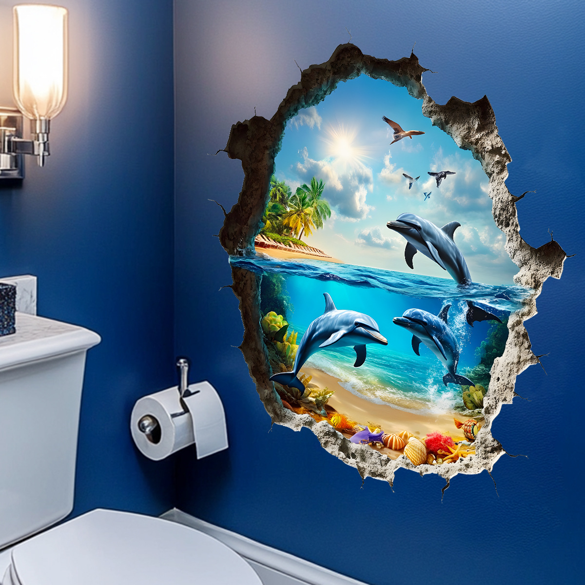 3D ملصقات الجدران الكاسرة ملصقات جدار غرفة المعيشة الحمام ديكور الجدران غرفة الأطفال العالم تحت الماء ملصقات الجدران