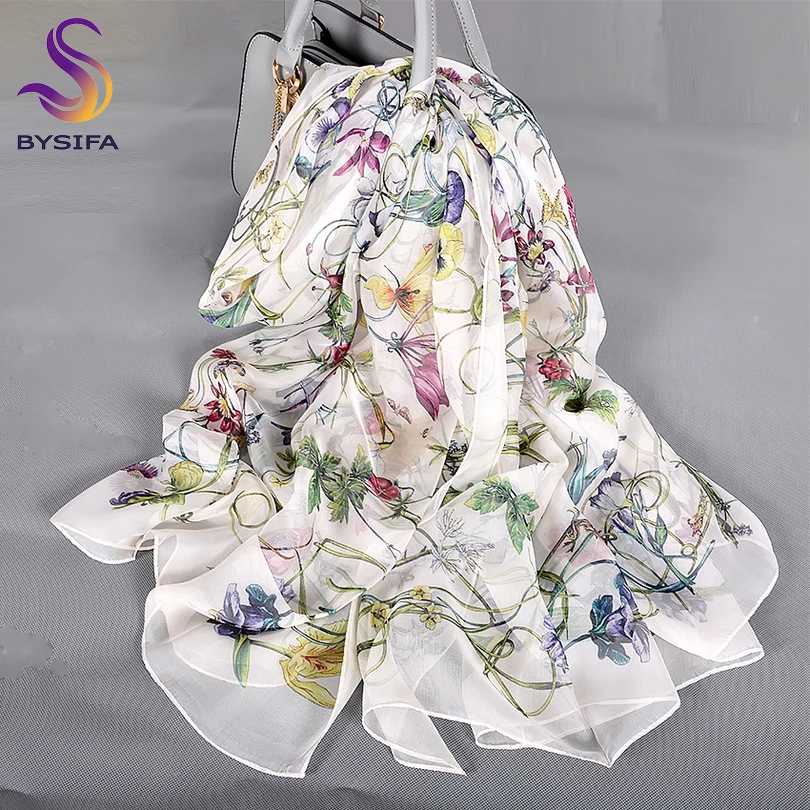 [BYSIFA] الأبيض 100% وشاح حريري كيب موضة الأزهار تصميم الأوشحة الطويلة النساء الصيف utrlong الشاطئ شال الشتاء Scarves180 * 110 سنتيمتر