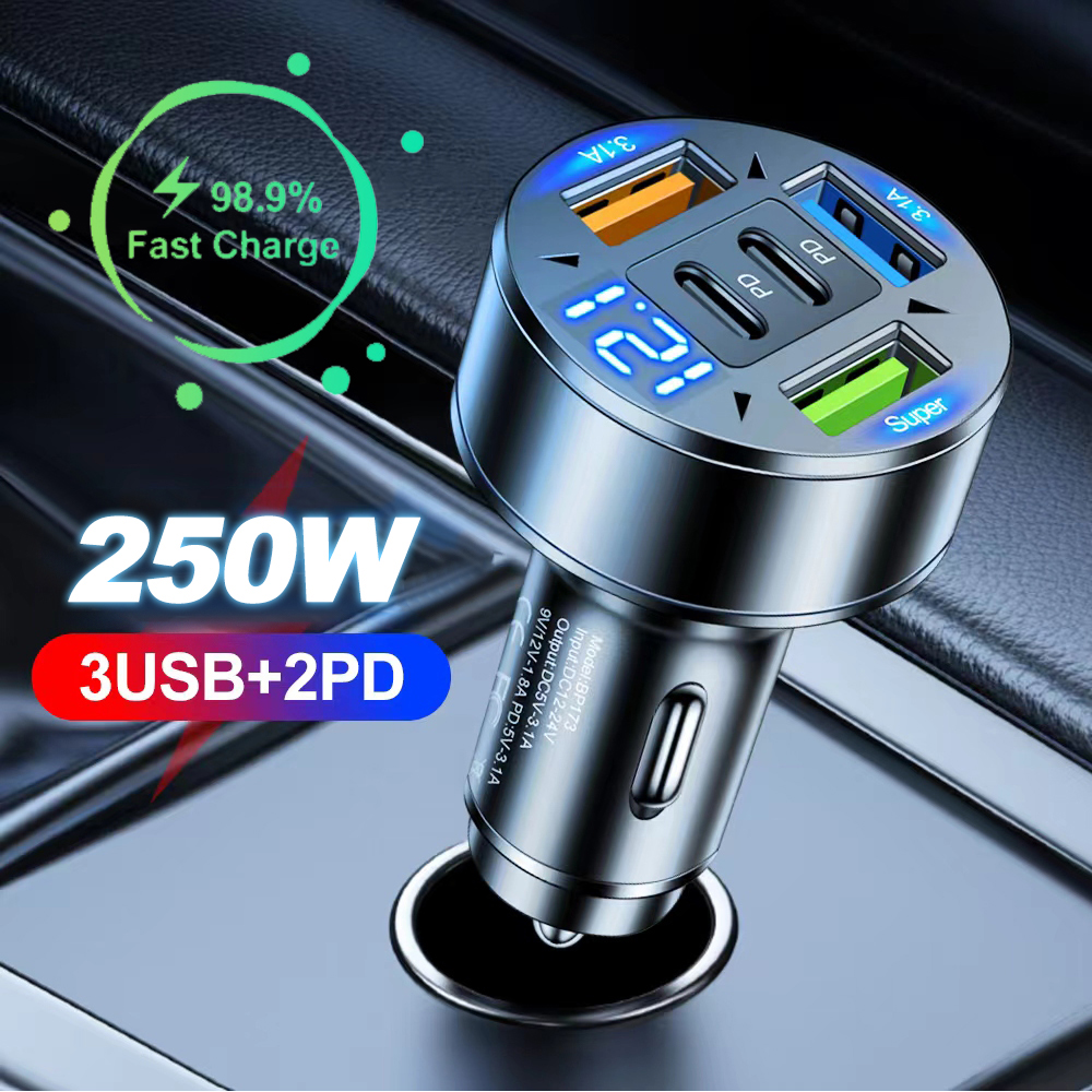 250 واط 5 منافذ شاحن سيارة شحن سريع PD QC3.0 USB C سيارة مهايئ شاحن الهاتف مع الجهد آيفون سامسونج هواوي Xiaomi