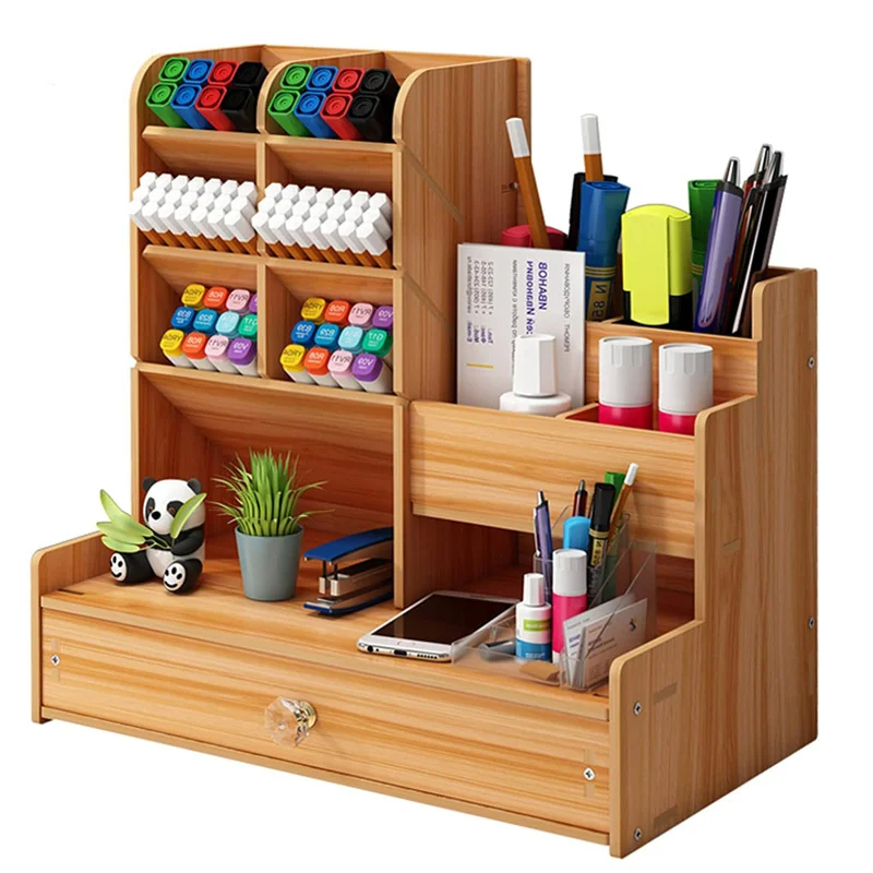 منظم مكتب خشبي DIY حامل أقلام مرتب لسطح المكتب، صندوق تخزين أدوات مكتبية ذو سعة كبيرة مع درج للمكتب المنزلي والمدرسة