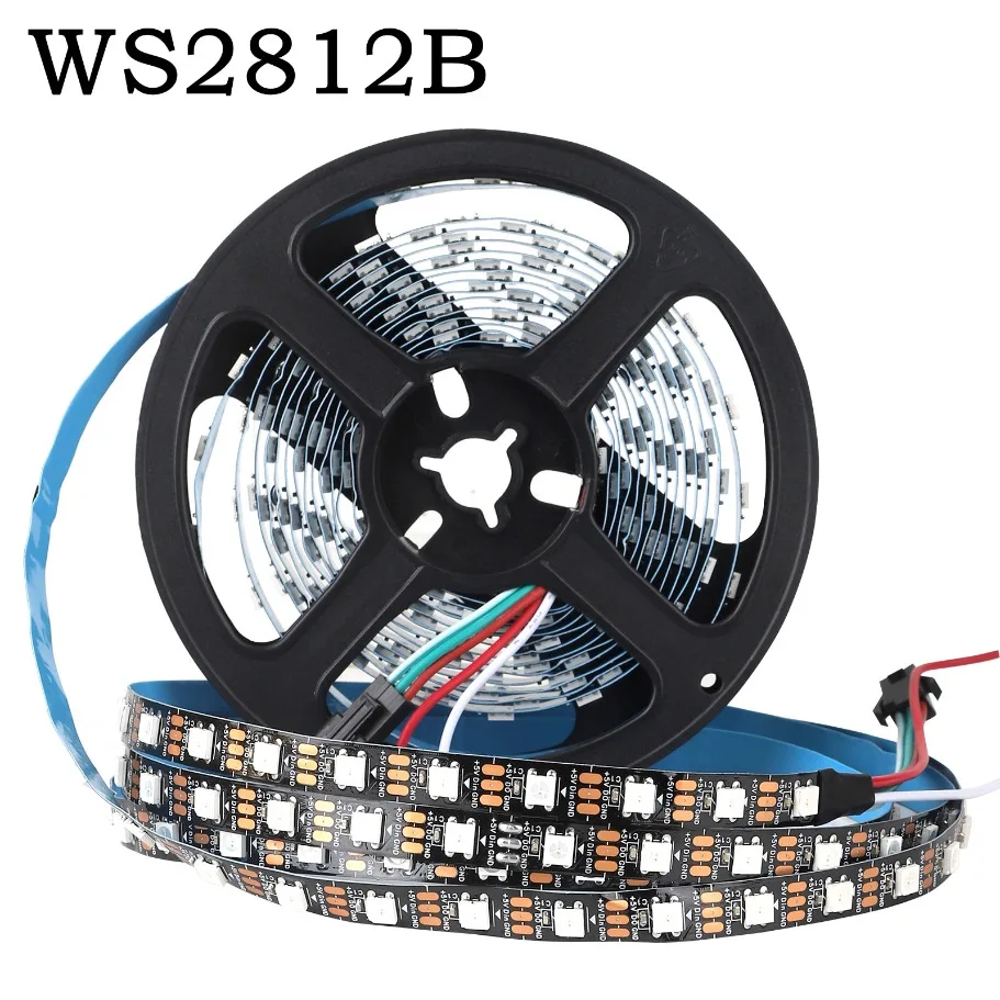 شريط LED ذكي WS2812B 5050 RGBIC WS2812 قابل للعنونة بشكل فردي IC 30/60/144 بكسل/مصابيح/م ضوء DC5V أسود IP30/67 مقاوم للماء