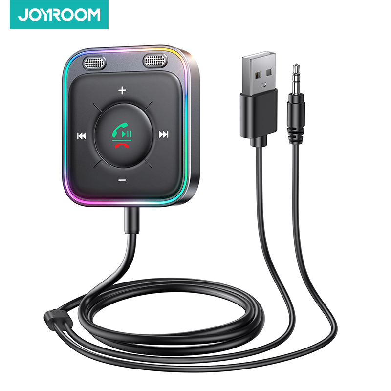 محول بلوتوث 6.0 AUX للسيارة من Joyroom، ميكروفونات مزدوجة قوية وخاصية إلغاء الضوضاء، جهاز استقبال بلوتوث للموسيقى في السيارة/المكالمات بدون استخدام اليدين