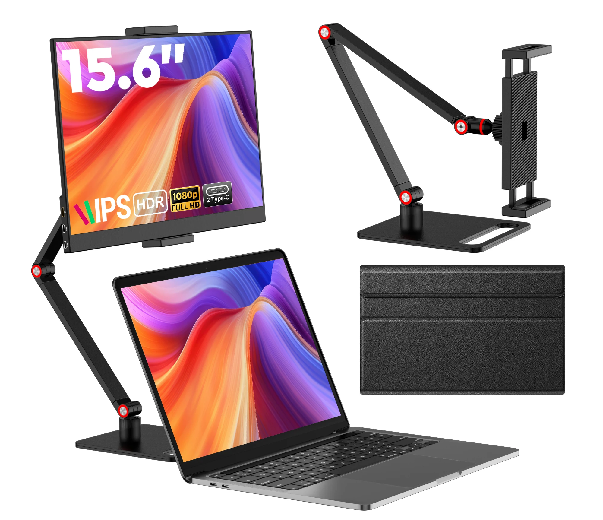 شاشة Amoudo 15.6 بوصة 1920x1080P محمولة مع حامل مكتبي USB Type-C شاشة ثانية HDMI صغيرة لأجهزة PS4، XBox Switch PC Mac