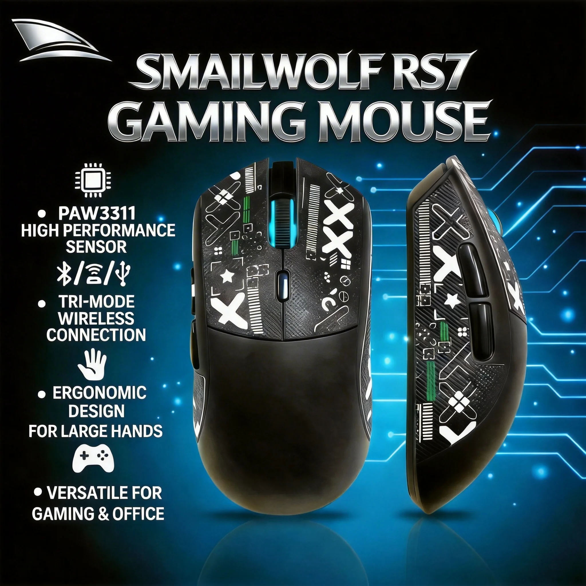 ماوس لاسلكي بلوتوث SMAILWOLF RS7 ثلاثي الأوضاع للألعاب، مناسب لأجهزة الكمبيوتر المحمولة والمكتبية، مع مستشعر PAW3311، مناسب للأيدي الكبيرة