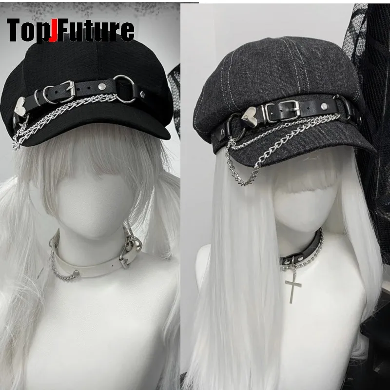 المرأة الرجال Harajuku القوطية لوليتا قبعة بيريه Y2k الفتيات الشرير الجرونج شيك الشارع الشهير اكسسوارات قبعات موزع الصحف قبعة