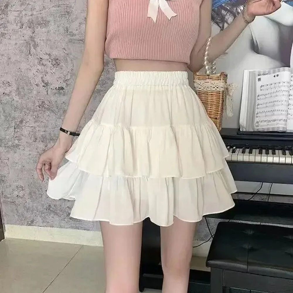 مطوي ألف خط تنورة المرأة البيضاء الكشكشة الحلو هوتي نمط Preppy مرونة مرونة الخصر ضئيلة رقيقة SimpleCasual الصيف بالجملة